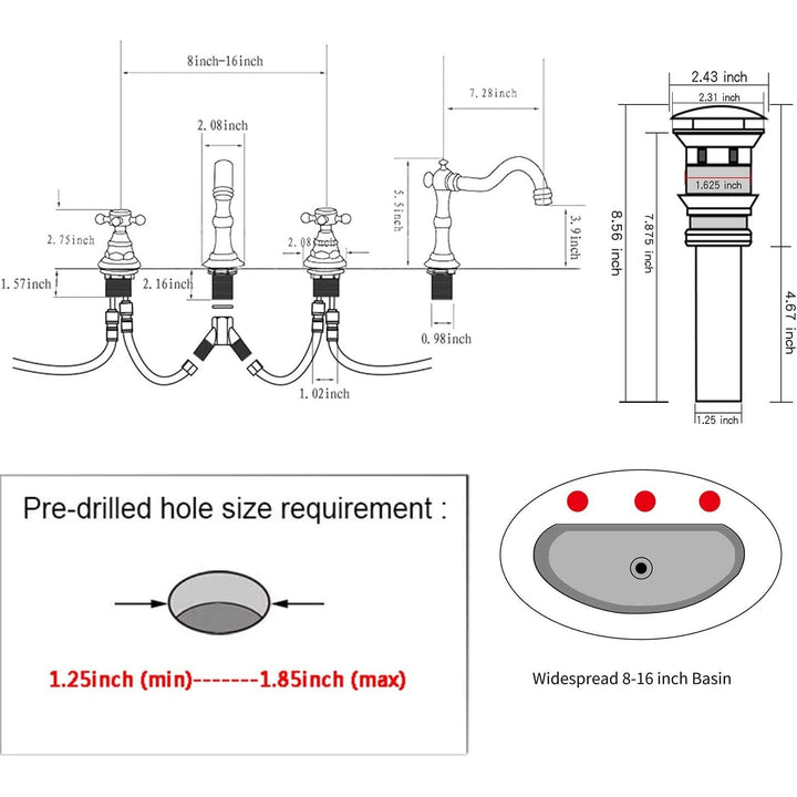8 - 16 inch Two Handles 3 Holes Widespread Bathroom Sink Faucet Antique Brass Basin Mixer Tap Faucet Matching Metal Pop Up Drain with Overflow - Just Closeouts Canada Inc.