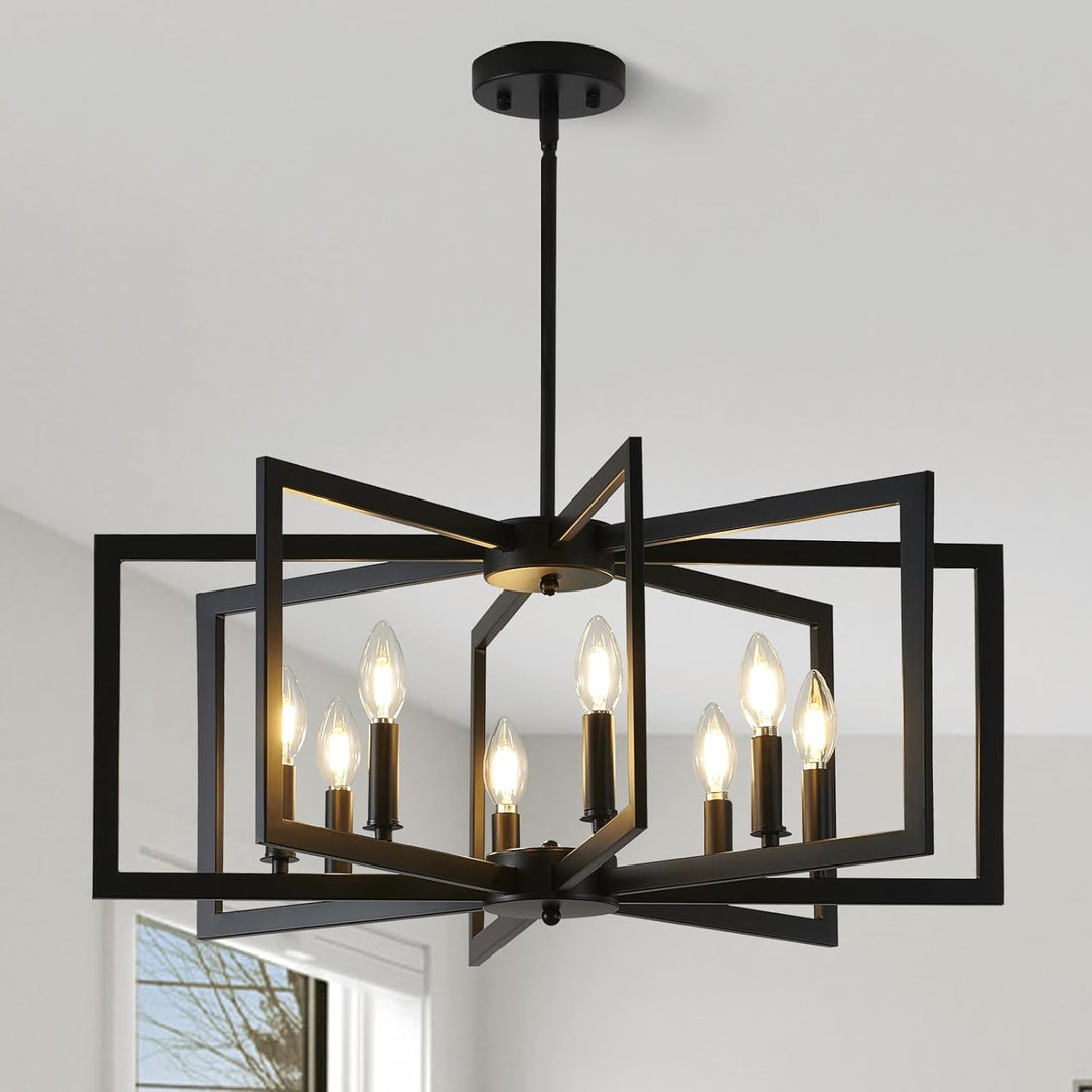 8 - Light Modern Farmhouse Black Geometric Chandelier, Adjustable Height Dining Room Light Fixtures Over Table, Large Industrial Metal Chandeliers for Dining Room Kitchen Island Entryway - Just Closeouts Canada Inc.