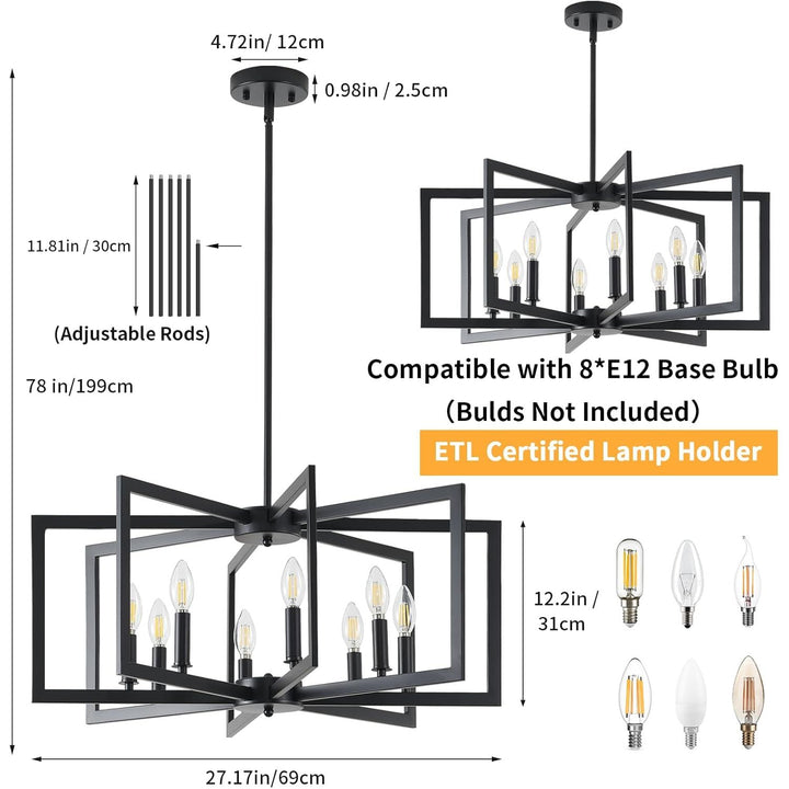 8 - Light Modern Farmhouse Black Geometric Chandelier, Adjustable Height Dining Room Light Fixtures Over Table, Large Industrial Metal Chandeliers for Dining Room Kitchen Island Entryway - Just Closeouts Canada Inc.