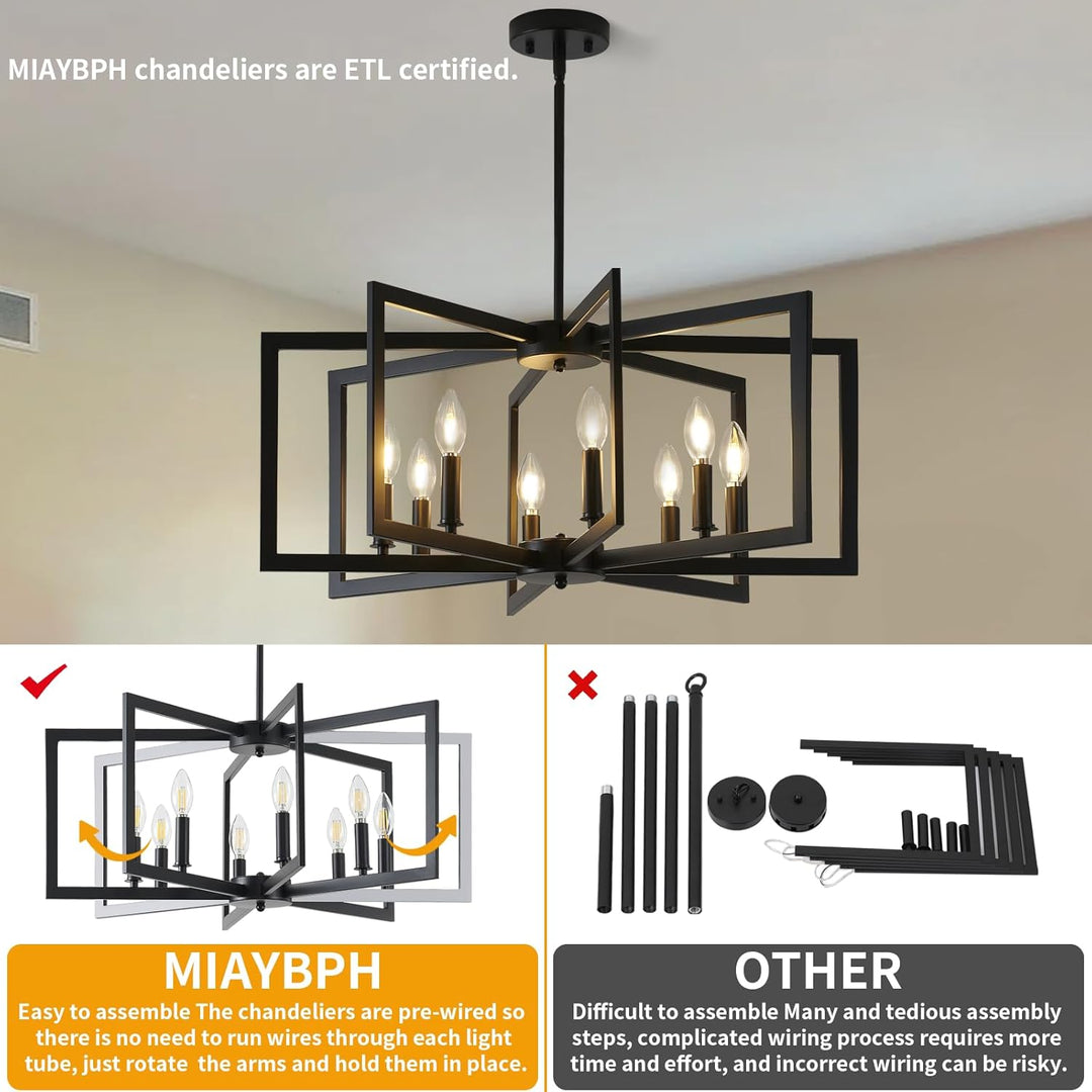 8 - Light Modern Farmhouse Black Geometric Chandelier, Adjustable Height Dining Room Light Fixtures Over Table, Large Industrial Metal Chandeliers for Dining Room Kitchen Island Entryway - Just Closeouts Canada Inc.