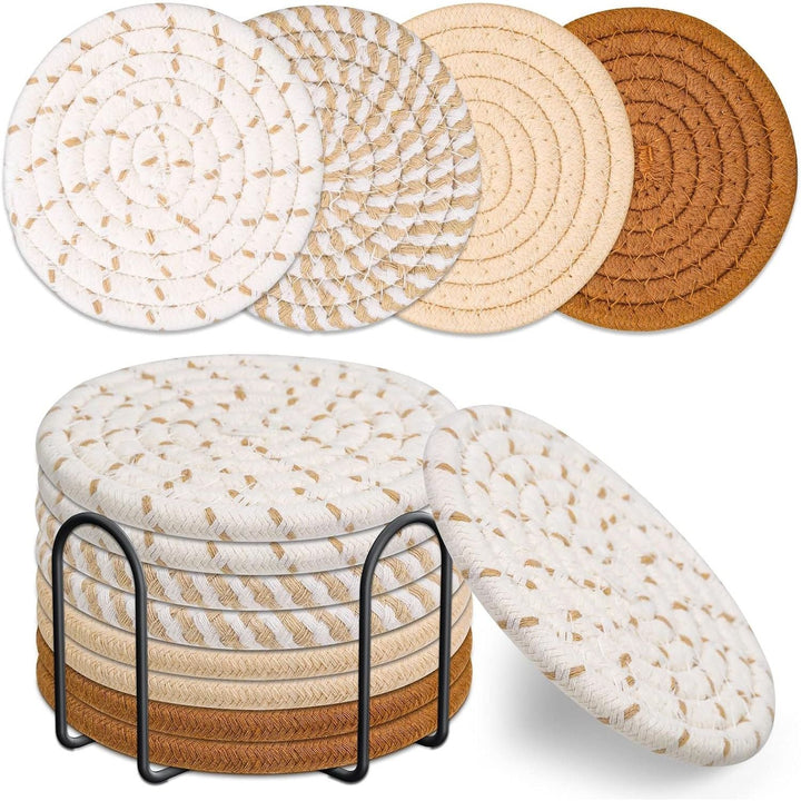 8 Woven Round Drink Coasters in 4 Neutral Colours with Holder - Just Closeouts Canada Inc.X004A9L5QL