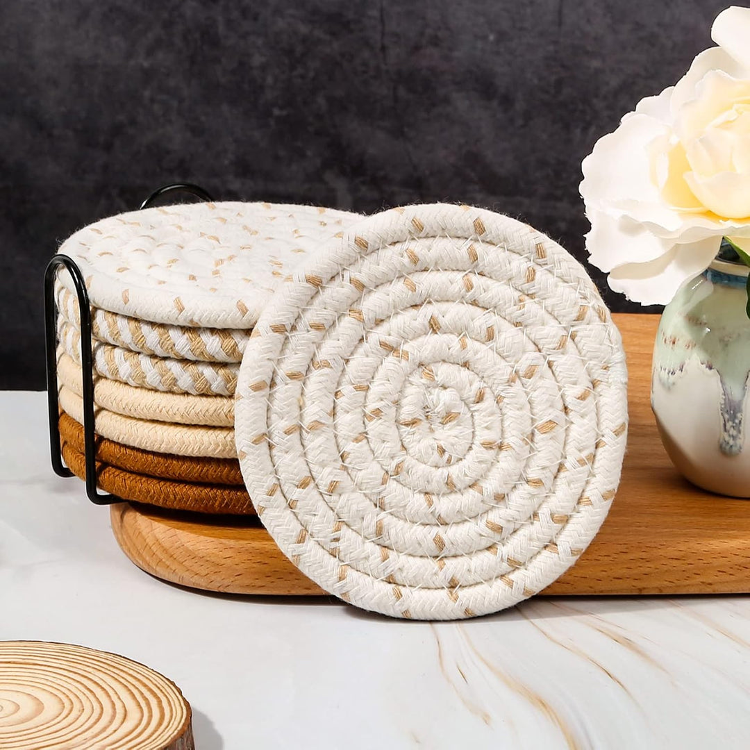 8 Woven Round Drink Coasters in 4 Neutral Colours with Holder - Just Closeouts Canada Inc.X004A9L5QL