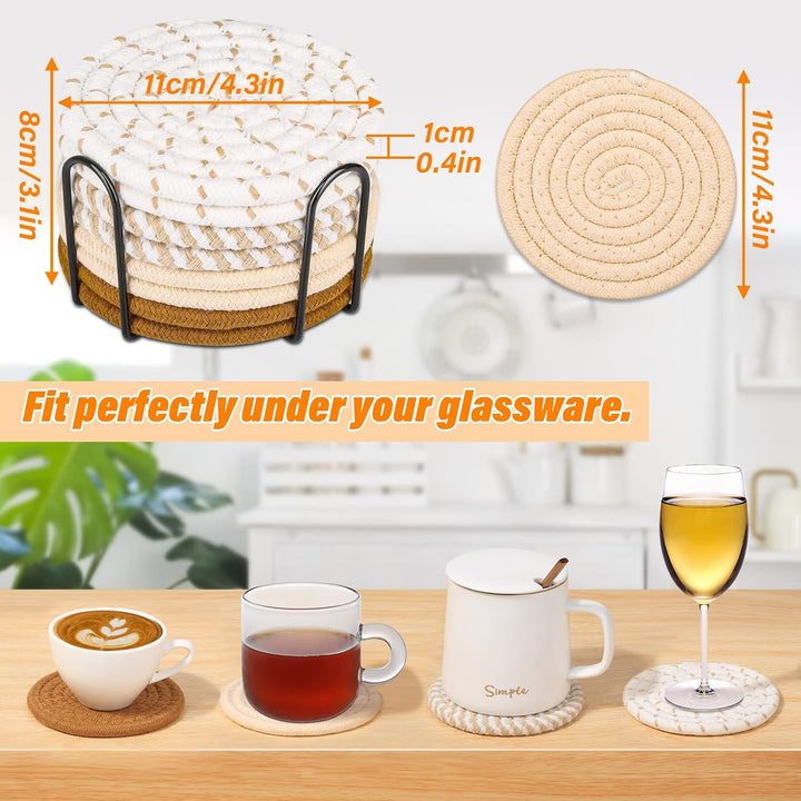 8 Woven Round Drink Coasters in 4 Neutral Colours with Holder - Just Closeouts Canada Inc.X004A9L5QL