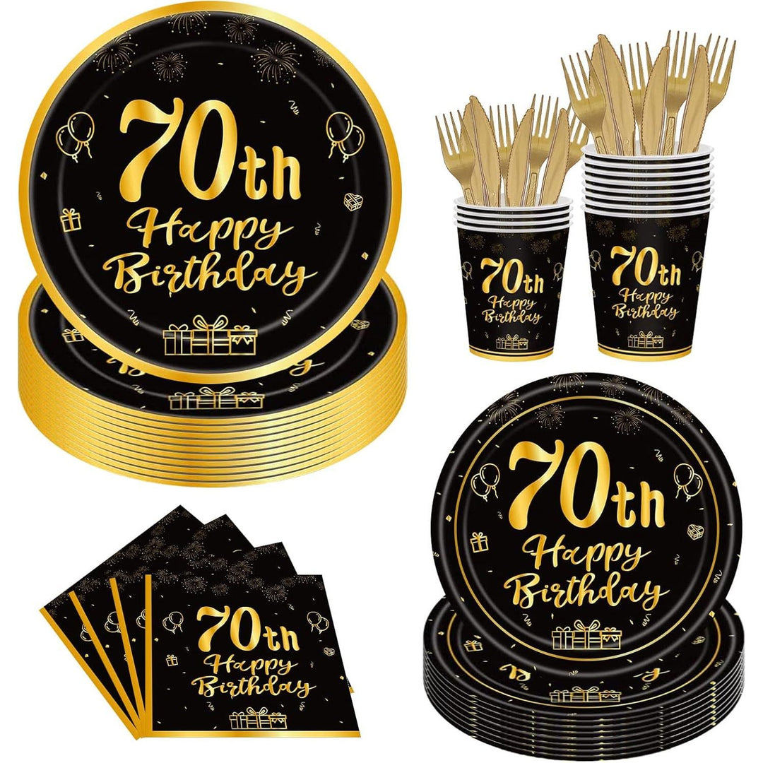 144PCS 70th Birthday Party Supplies Black and Gold 70 Years Birthday Plates and Napkins Tableware Set 70th Party Decorations Including Paper Plates Napkins Cups Forks Serve 24 for Men Women
