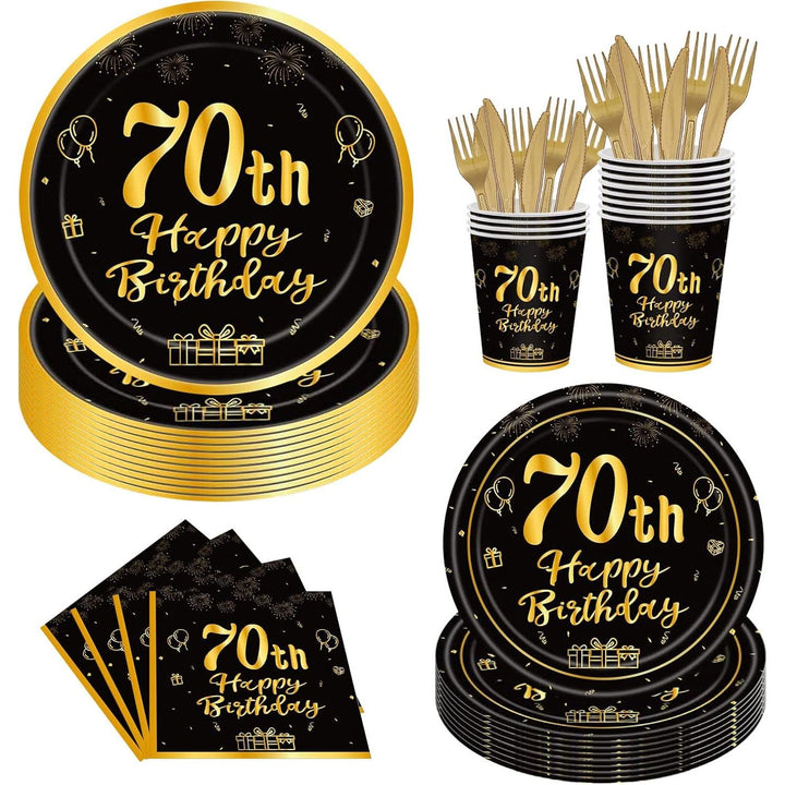 144PCS 70th Birthday Party Supplies Black and Gold 70 Years Birthday Plates and Napkins Tableware Set 70th Party Decorations Including Paper Plates Napkins Cups Forks Serve 24 for Men Women