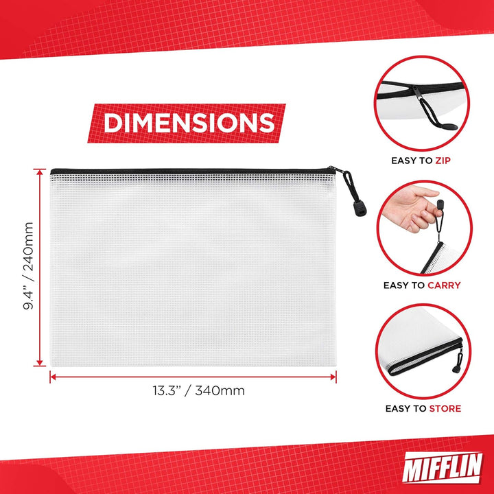 Mesh Zipper Pouch Document Bag (Black, A4 Letter Size, 18 Pack), Clear Travel Zipper Bags, Waterproof Plastic Pouches, Large (L) Zip Pouch