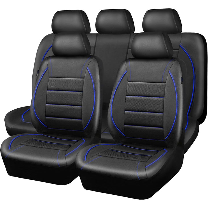Universal FIT Piping Leather Car Seat Cover, for suvs, Van, Trucks, Airbag Compatible, Inside Zipper Design and Reserved Opening Holes (Full seat Covers, Black and Blue)