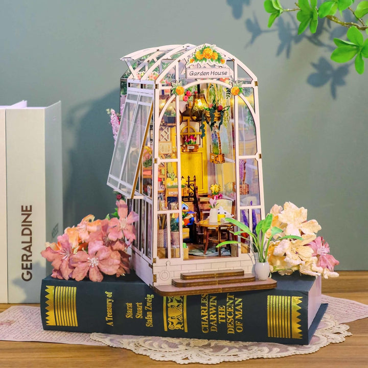 Garden House DIY Book Nook Kits Room Bookshelf Insert Miniature Decor Kit 3D Wooden Puzzle Bookshelf with Led Decor Suitable for Adults and Teenagers Craft Gifts