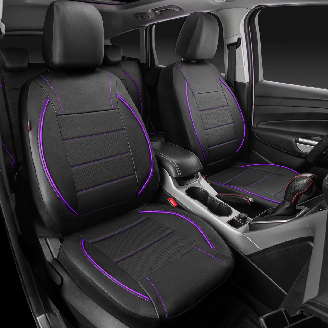 Piping PU Leather Car Seat Cover,Inside Zipper Design and Reserved Opening Holes Airbag Compatible,Universal FIT for Car, SUVs,Van,Trucks,Full Set, Black & Purple