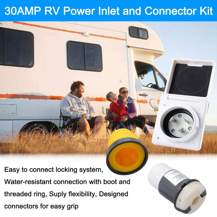 30AMP RV Power Inlet Receptacle, 125V RV Power Plug Twist Lock Inlet, RV Power Female Twist Locking Connector with Weatherproof Cover Boot for Trailer Boat Camper, RV Shore Power Inlet Plug Kit