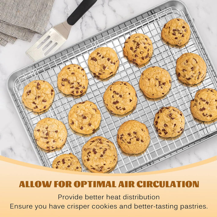 Stainless Steel Baking Sheet with Rack Set, 12.4”x9.7” Cookie Sheet Broiling Pan for Oven, Rimmed Metal Tray with Wire Rack for Cooking/Baking/Cooling/Bacon, Non-toxic & Dishwasher Safe