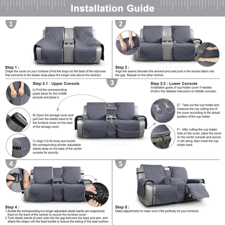 Loveseat Recliner Cover with Console, Non-Slip Pet Cover for Dual Loveseat Recliner, Split Reclining Loveseat Cover Recliner Furniture Protector with Elastic Straps (2 Seater, Dark Grey)