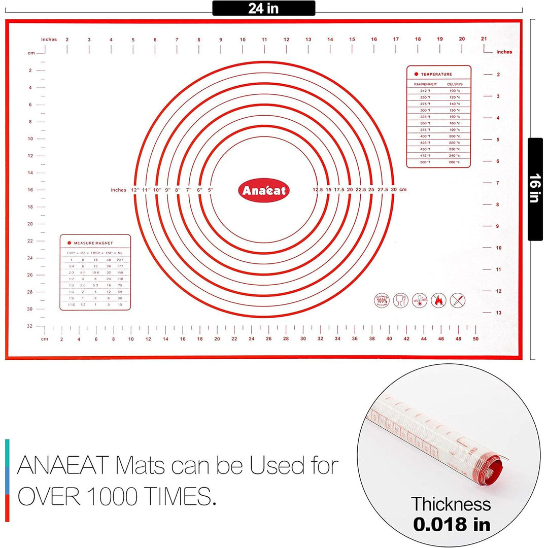 ANAEAT Silicone Pastry Baking Mat with Measurements, Non-Stick Silicone Fondant Sheet & Non-Slip Dough Mat for Rolling Dough, Making Cookies, Bread, Pizza, Pie Crust, Reusable Kneading Mat (16"x24")