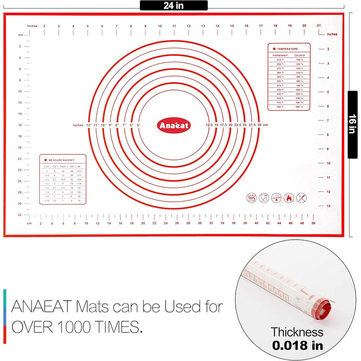ANAEAT Silicone Pastry Baking Mat with Measurements, Non-Stick Silicone Fondant Sheet & Non-Slip Dough Mat for Rolling Dough, Making Cookies, Bread, Pizza, Pie Crust, Reusable Kneading Mat (16"x24")