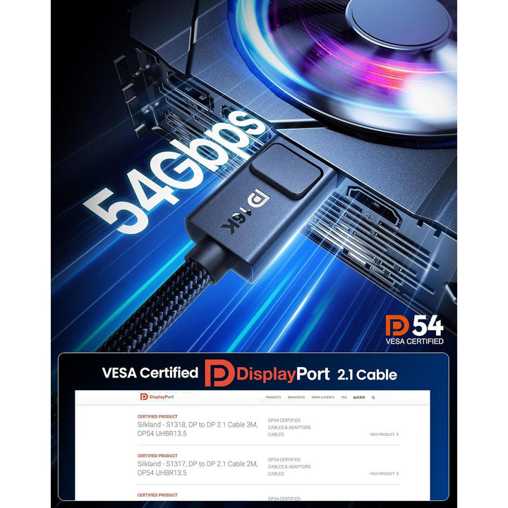 54Gbps DisplayPort Cable 2.1 [VESA Certified], [8K@165Hz, 4K@480Hz 360Hz 240Hz] DP 2.1 Cable 16K, DP54 HDR DSC Display Port Cord Compatible FreeSync G-Sync Gaming Monitor 5090 7900XTX 6.6FT