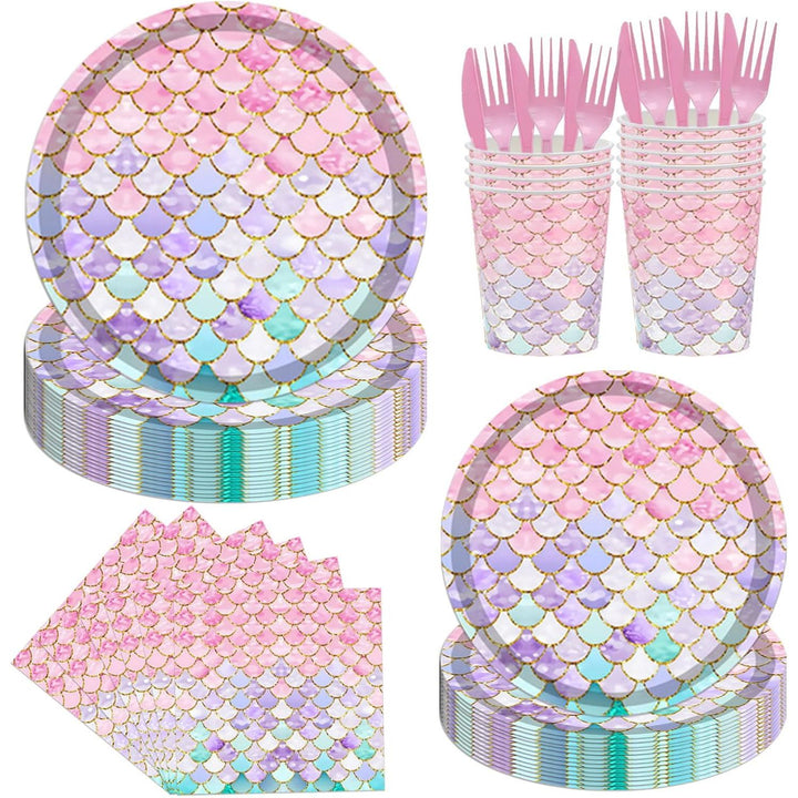144PCS Mermaid Party Tableware Set Mermaid Birthday Party Supplies Sea-Maiden Plates Napkins Cups Forks Sea-Maiden Party Decorations Birthday Bridal Shower Baby Shower Decoration Serves 24