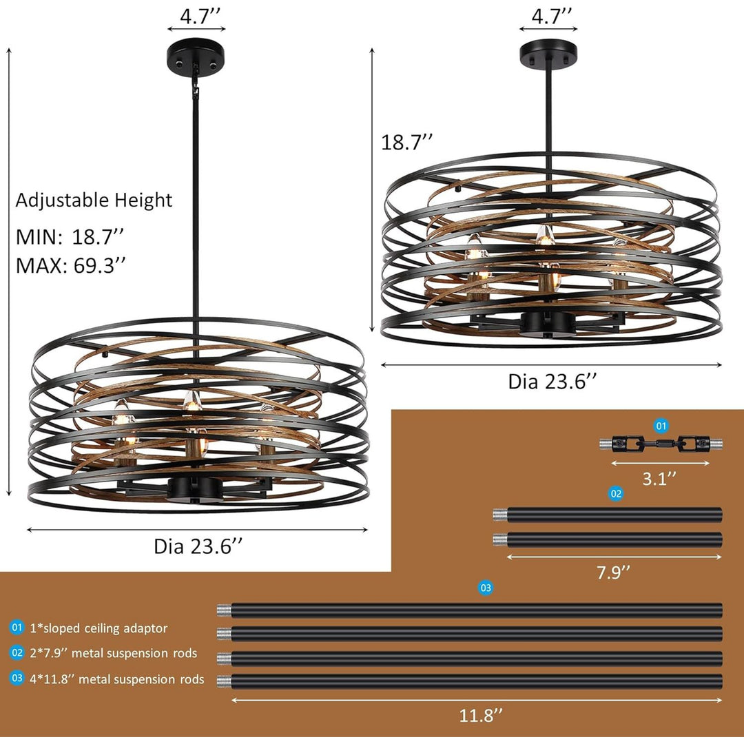 23.6'' Rustic Large Drum Chandelier, 6 Lightbulbs