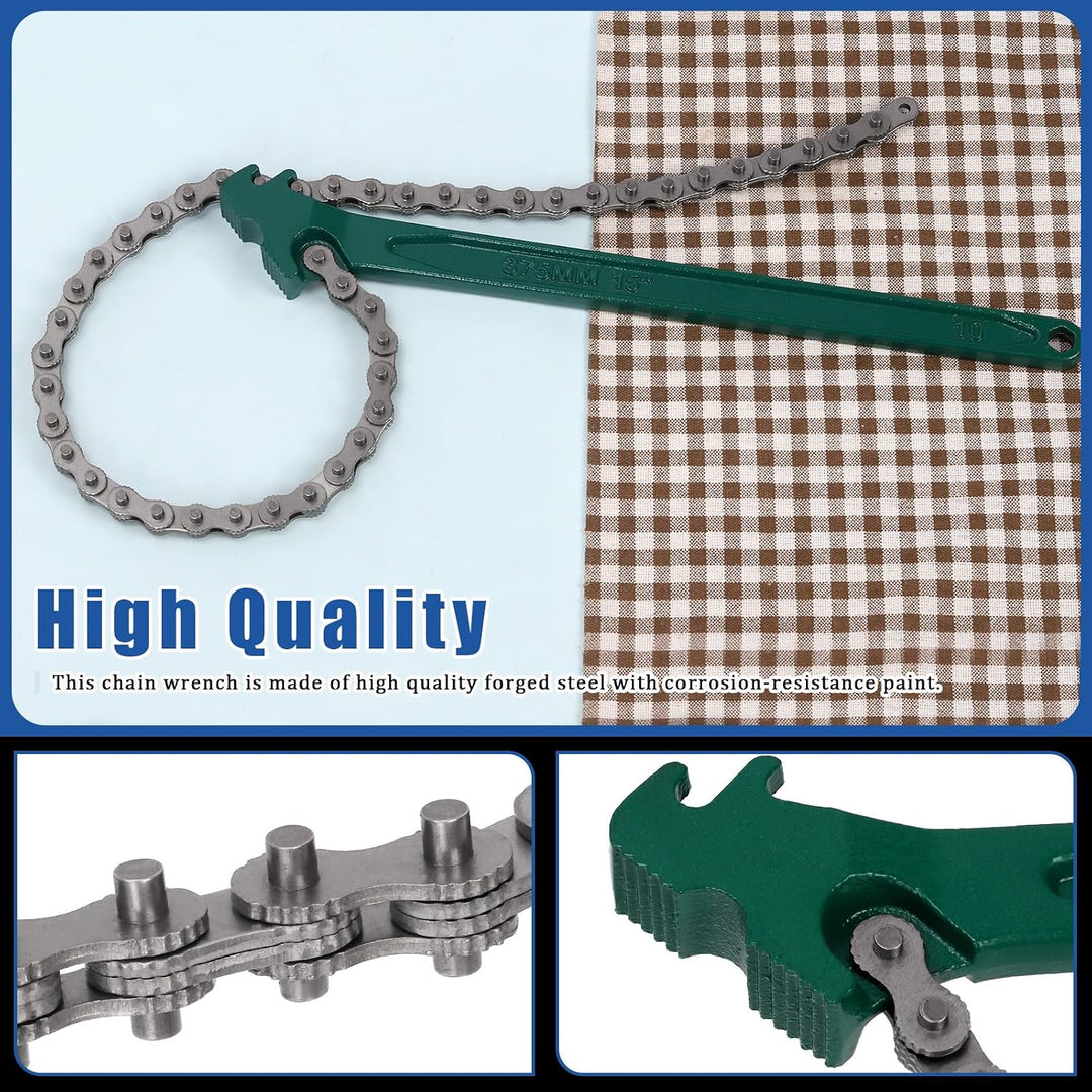 15 Inch Heavy Duty Ratcheting Chain Wrench, Fits 1.5" to 8" Adjustable Oil Filter Chain Wrench Pliers Remover Tool with Toothed Chain for Adjustable Removal Remover Tool