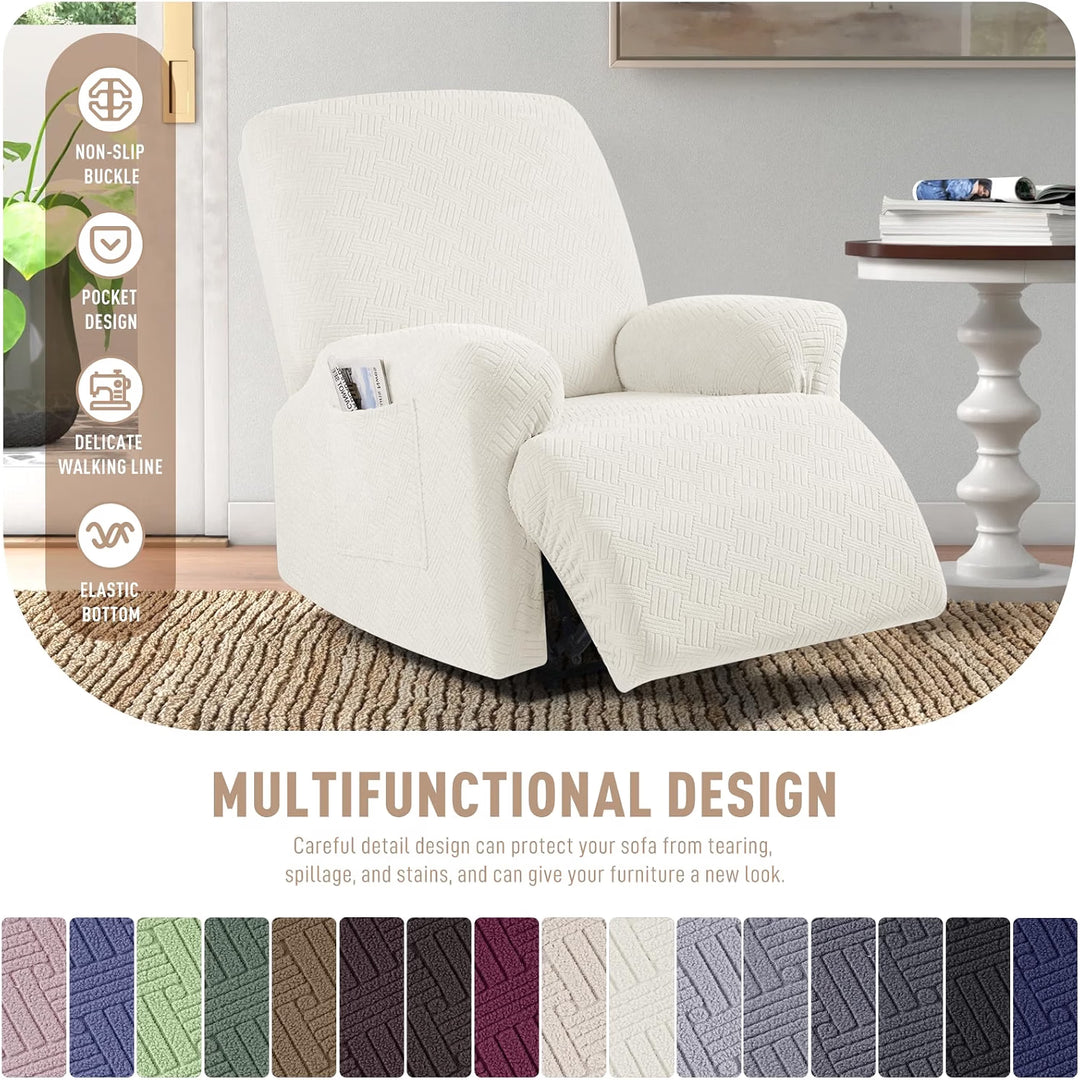 Recliner Chair Covers, Stretch Reclining Cover, Cream 1 Seat Jacquard Soft Recliner Slipcovers, Washable Recliner Couch Covers, Furniture Protector Covers with Pocket for Pet Kid