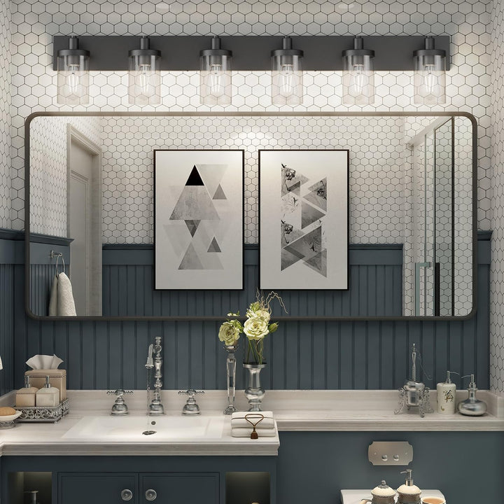48in Vanity Light Black Bathroom Vanity Lighting Fixtures 6 Light Bathroom Light Fixtures with Clear Glass Shade(Exclude Bulb)