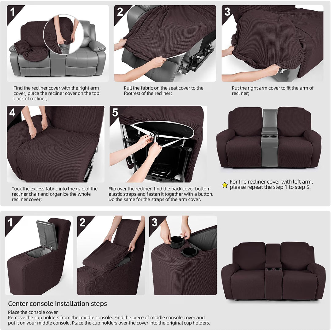 Loveseat Recliner Cover with Middle Console, Stretch Reclining Sofa Covers for 2 Seat Reclining Couch, Jacquard Pattern Soft Loveseat Couch Slipcover Furniture Protector, Chocolate