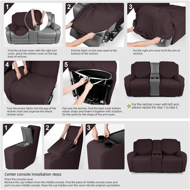 Loveseat Recliner Cover with Middle Console, Stretch Reclining Sofa Covers for 2 Seat Reclining Couch, Jacquard Pattern Soft Loveseat Couch Slipcover Furniture Protector, Chocolate