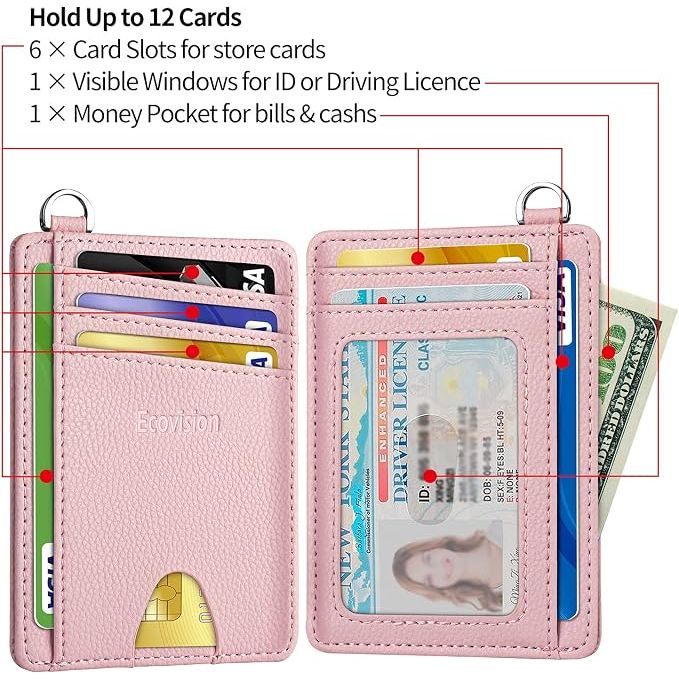 Slim Minimalist Front Pocket Wallet, RFID Blocking Credit Card Holder Wallet with Detachable D-Shackle for Men Women, Pink