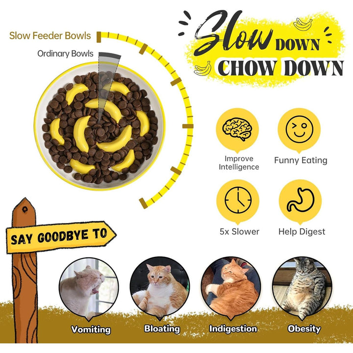 Ceramic Cat Slow Feeder Bowl - Vibrant Cat Feeding Bowl - Cute Maze Food Dish for Slow Eating - Dishwasher Safe - 6.3''W x 1.2''H - 7 OZ - Yellow