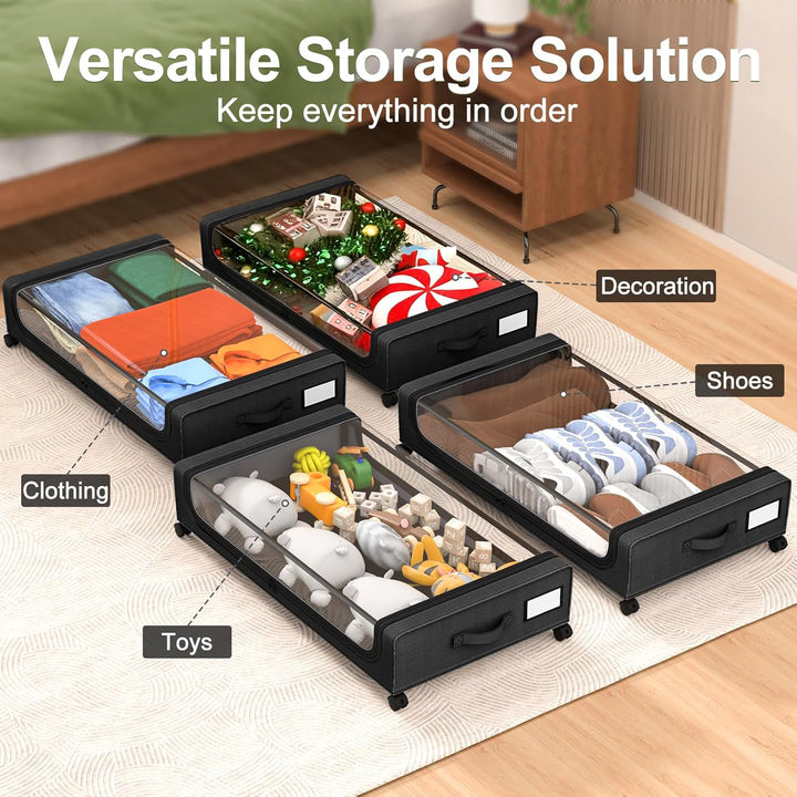 Under Bed Storage with Wheels: 48L Underbed Storage Bins with Lids - Rolling Rangement Vetement sous le Lit - Containers for Clothes Shoes in Bedroom - Easy Pull-out Black 2-Pack