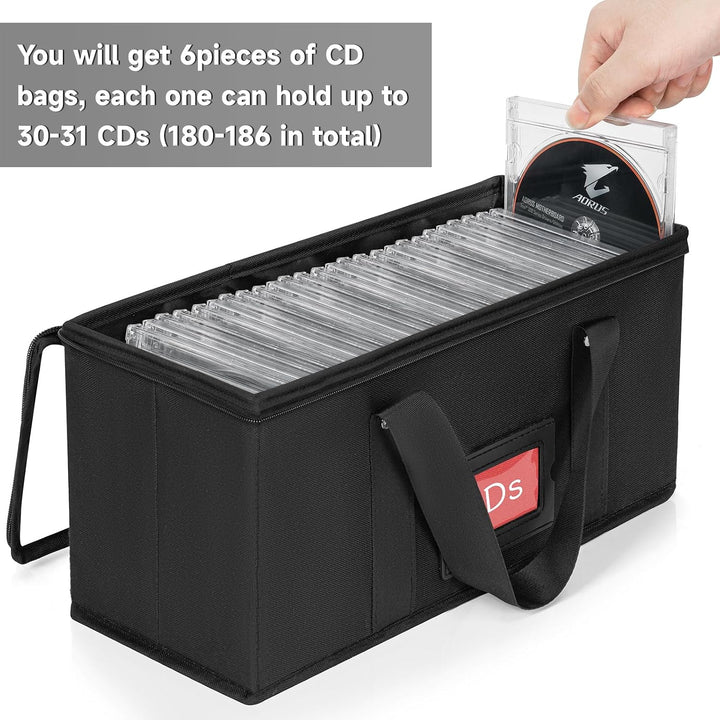 6 Pack CD Storage Boxes, CD Case Holder Organizer with Clear PVC Lid and Index Labels- 13.4"x 6.3"x 5.5" CDs Storage Holder Bags, Each Hold up to 31 CDs Jewel Cases or 170 Discs -6 Pack