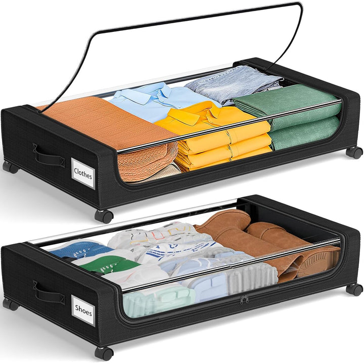 Under Bed Storage with Wheels: 48L Underbed Storage Bins with Lids - Rolling Rangement Vetement sous le Lit - Containers for Clothes Shoes in Bedroom - Easy Pull-out Black 2-Pack