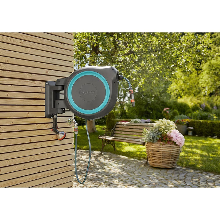 Gardena 82 Foot Wall Mounted Retractable Hose Reel With Hose, 18620