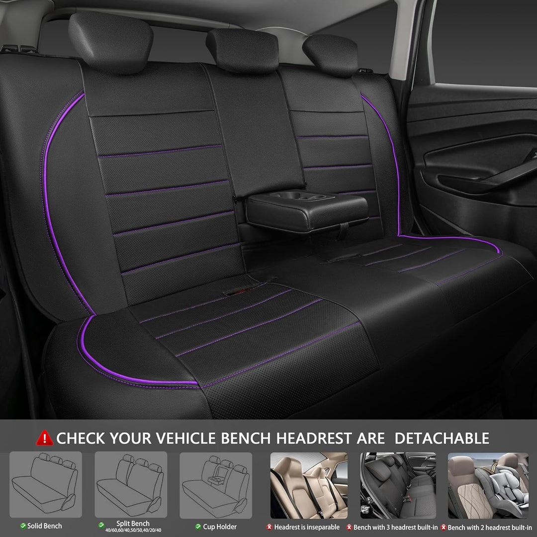 Piping PU Leather Car Seat Cover,Inside Zipper Design and Reserved Opening Holes Airbag Compatible,Universal FIT for Car, SUVs,Van,Trucks,Full Set, Black & Purple