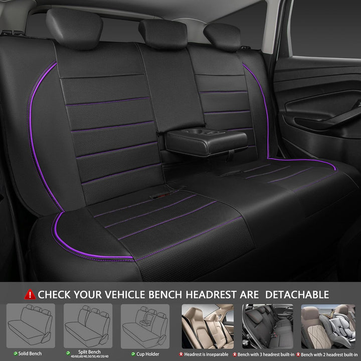 Piping PU Leather Car Seat Cover,Inside Zipper Design and Reserved Opening Holes Airbag Compatible,Universal FIT for Car, SUVs,Van,Trucks,Full Set, Black & Purple