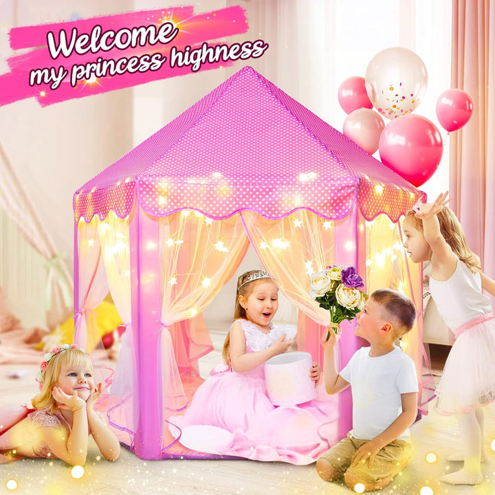 SISTICKER Princess Tent for Girls Kids Play Tent with Star Lights and Mat Toddlers Tent Kids Playhouse Indoor and Outdoor Toys for Girls (Princess Tent with mat)