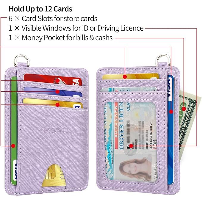Slim Minimalist Front Pocket Wallet, RFID Blocking Credit Card Holder Wallet with Detachable D-Shackle for Men Women, Lilac