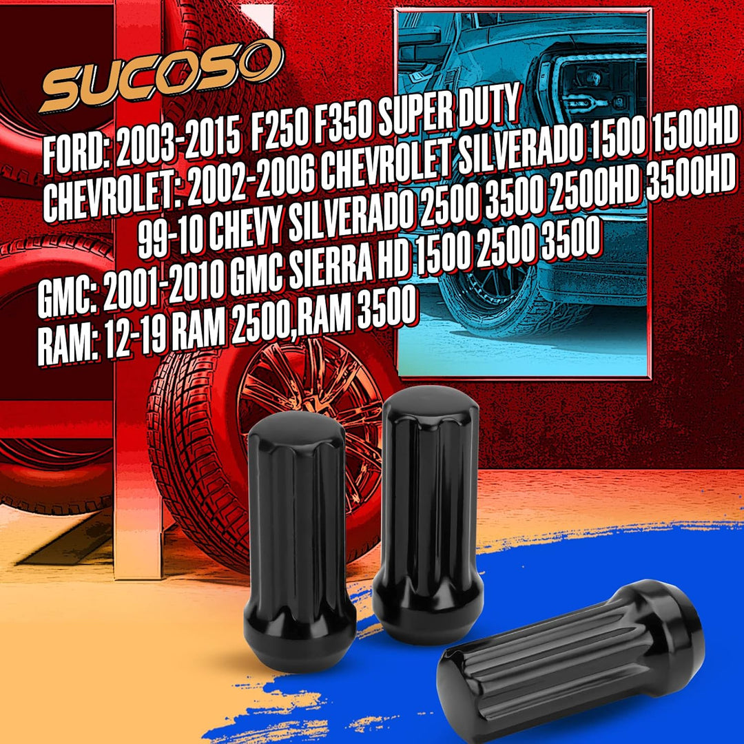32PCS M14x1.5 Lug Nuts Fit for Chevy Silverado 1500 2500 3500 GMC Sierra 2500 Ford F250 F350 Ram 2500 3500 8 Lug Aftermarket Wheels Black 7 Spline 2 inch Length Cone Seat Closed End with 1 Socket Key