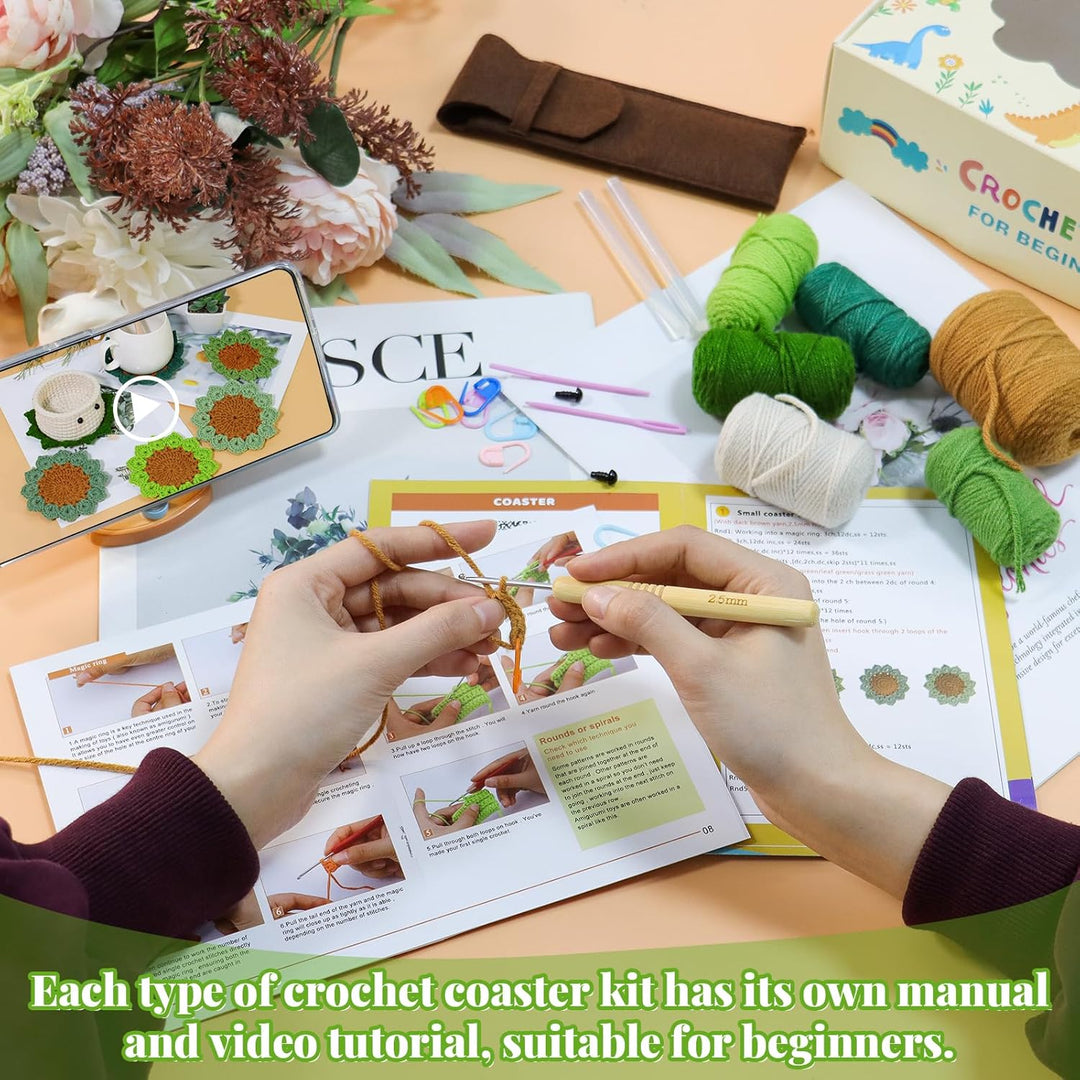Crochet Kit for Beginners, 6PCS Crochet Coasters Kit, Flower Potted Plant Crochet Kit with Crochet Hook, Colorful Yarn, Stitch Marker, Instruction, Craft Lover DIY Material Tools(Green)