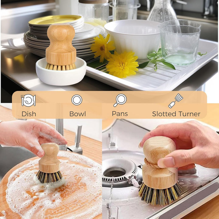 Natural Bamboo Brush, Mixed Cleaning Brush Scrub Brush for Cleaning Pans, Pots and Sink (2P Plam + 2P Sisal)