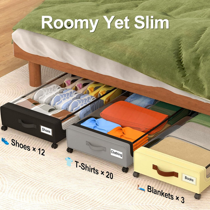 Under Bed Storage with Wheels: 48L Underbed Storage Bins with Lids - Rolling Rangement Vetement sous le Lit - Containers for Clothes Shoes in Bedroom - Easy Pull-out Black 2-Pack