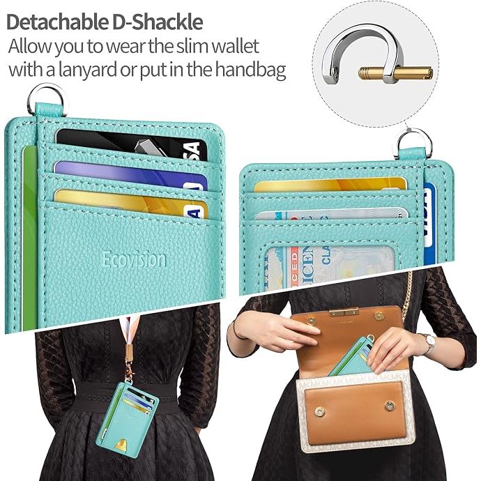 Slim Minimalist Front Pocket Wallet, RFID Blocking Credit Card Holder Wallet with Detachable D-Shackle for Men Women, Ocean Blue