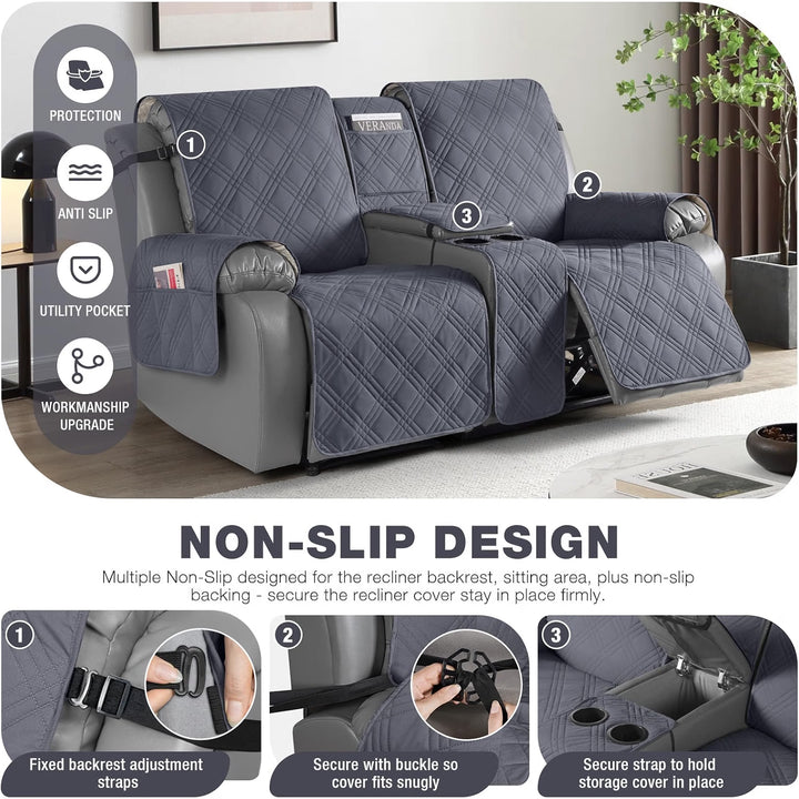 Loveseat Recliner Cover with Console, Non-Slip Pet Cover for Dual Loveseat Recliner, Split Reclining Loveseat Cover Recliner Furniture Protector with Elastic Straps (2 Seater, Dark Grey)