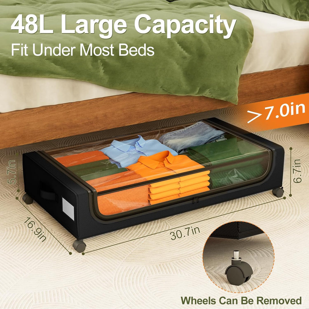 Under Bed Storage with Wheels: 48L Underbed Storage Bins with Lids - Rolling Rangement Vetement sous le Lit - Containers for Clothes Shoes in Bedroom - Easy Pull-out Black 2-Pack