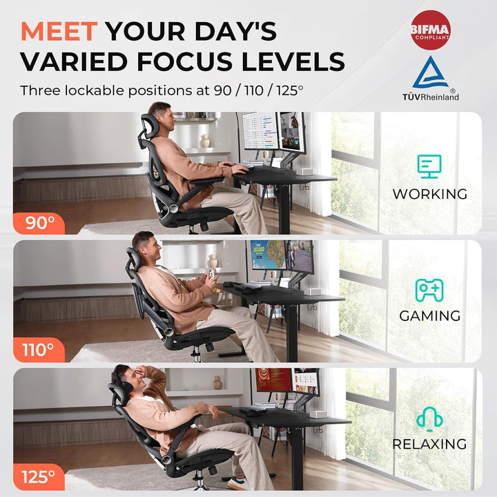 Ergonomic Mesh Office Chair, Adjustable Lumbar High Back Desk Chair 400lbs, 4D Flip-up Arms, 3-Level Tilt Backrest, 3D Headrest, PU Wheels, Swivel Rolling