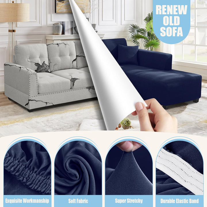 Sectional Couch Covers L Shape Sofa Covers Super Stretch 2pcs Sofa Slipcovers for 3 + 3 Seaters Sectional Chaise Slipcover with 2pcs Pillow Covers for Pets Kids, Dark Blue