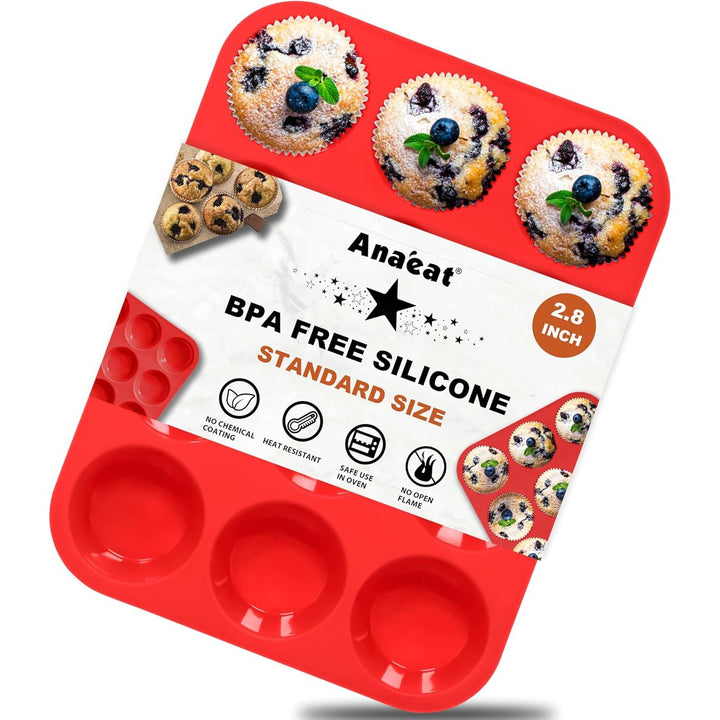 Anaeat Silicone Muffin Pan - Regular 12 Cups Cupcake Tray, Non-Stick Silicone Baking Molds for Making Muffin Cakes, Cupcake, Chocolate, Bread,Tart and Desserts, Just Pop Out