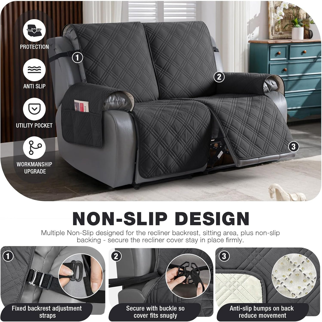 100% Waterproof Loveseat Recliner Cover, Non Slip Split Recliner Couch Cover with Elastic Straps, Washable Reclining Sofa Cover Furniture Protector for Kids, Pets(2 Seater, Dark Gray)