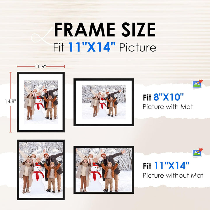 11x14 Picture Frame 2 Pack, Black Collage Wall Decor with HD Plexiglass, Display 8x10 with Mat or 11x14 Without Mat