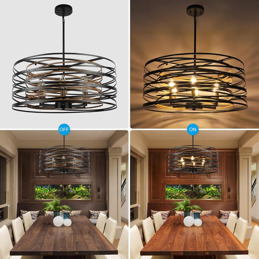 23.6'' Rustic Large Drum Chandelier, 6 Lightbulbs