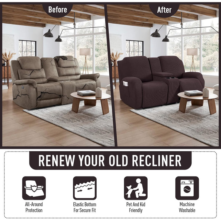 Loveseat Recliner Cover with Middle Console, Stretch Reclining Sofa Covers for 2 Seat Reclining Couch, Jacquard Pattern Soft Loveseat Couch Slipcover Furniture Protector, Chocolate